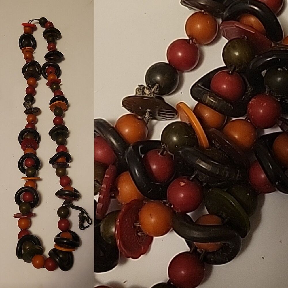 Long 28" Statement Bakelite Necklace Orange Red Black Button Beads Rare Vtg